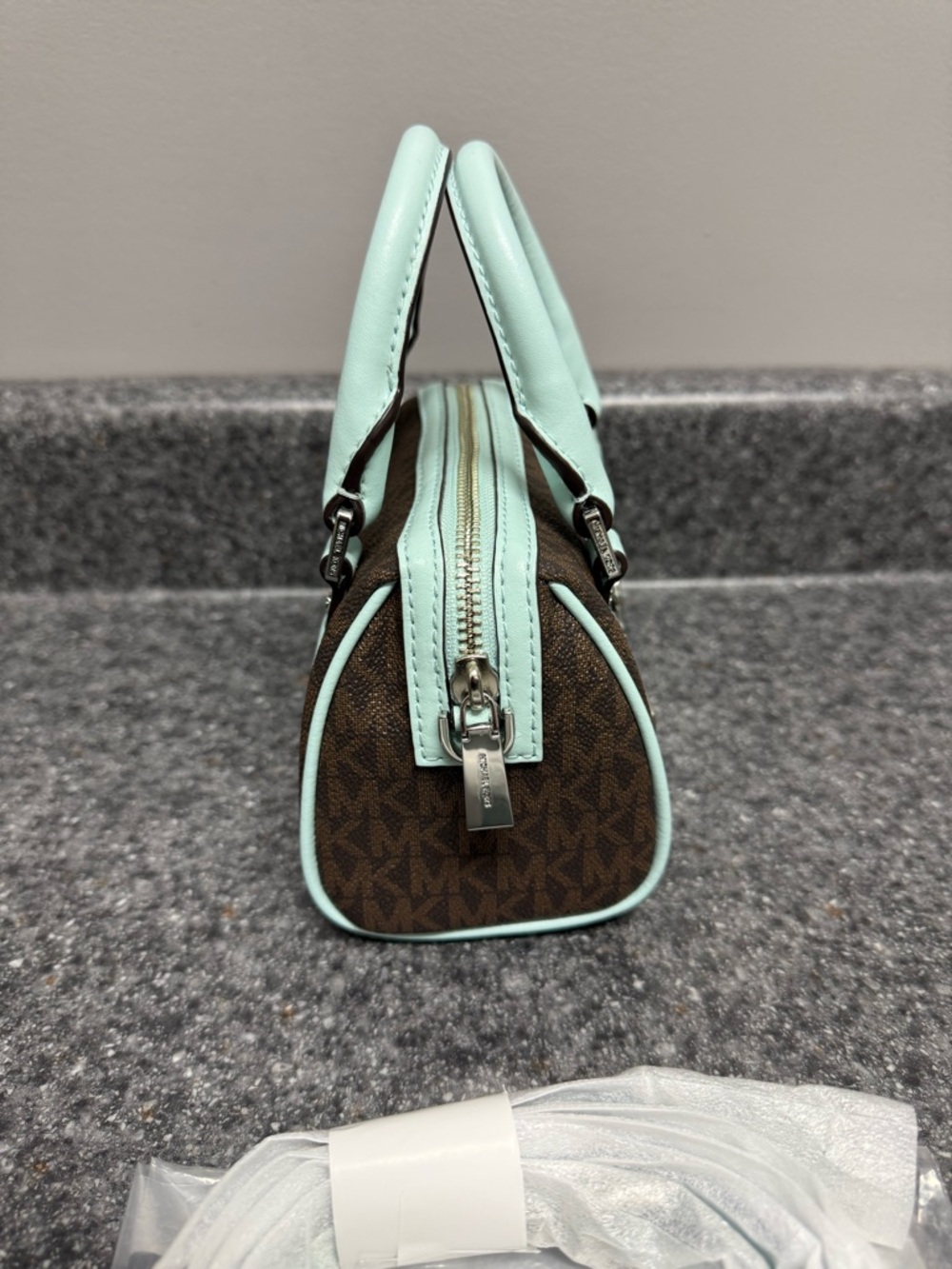 NWT Michael Kors Bedford Legacy XS Logo Duffle Crossbody Bag Brown/Aqua Blue 178 - Picture 6 of 16